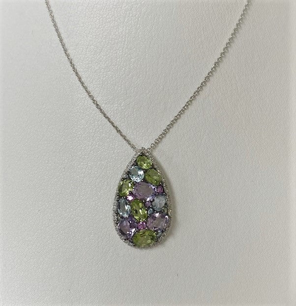 14kt White Gold Diamond Amethyst, Peridot, Sapphire and Blue Topaz Pendant