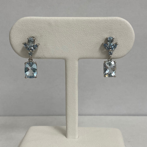 14kt White Gold Aquamarine with Cluster Top Drop Earrings