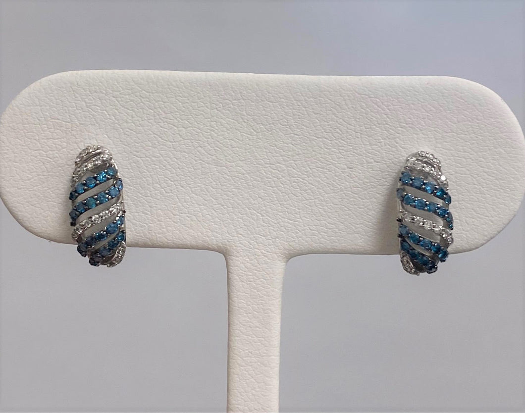 14kt White Gold Blue Diamond and White Diamond Hoop Earrings