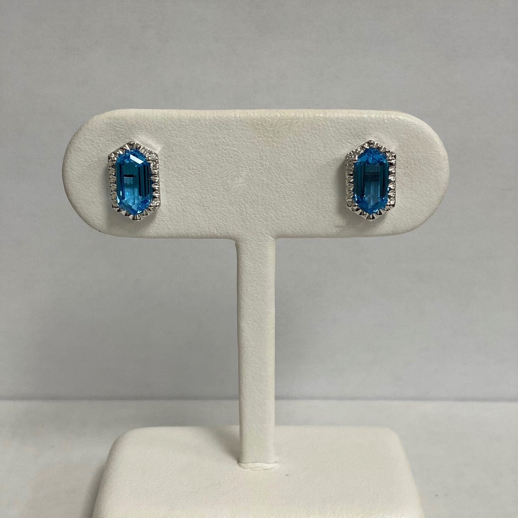 14kt White Gold Hexagonal Blue Topaz and Brilliant Cut Diamonds Stud Earrings