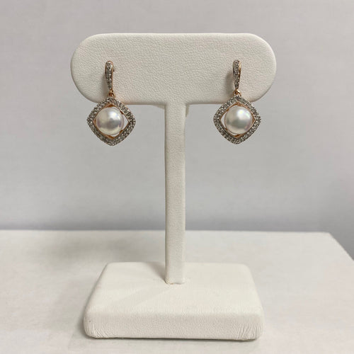 14kt Rose Gold Round Brilliant Cut Diamonds and Pearl Drop Earrings