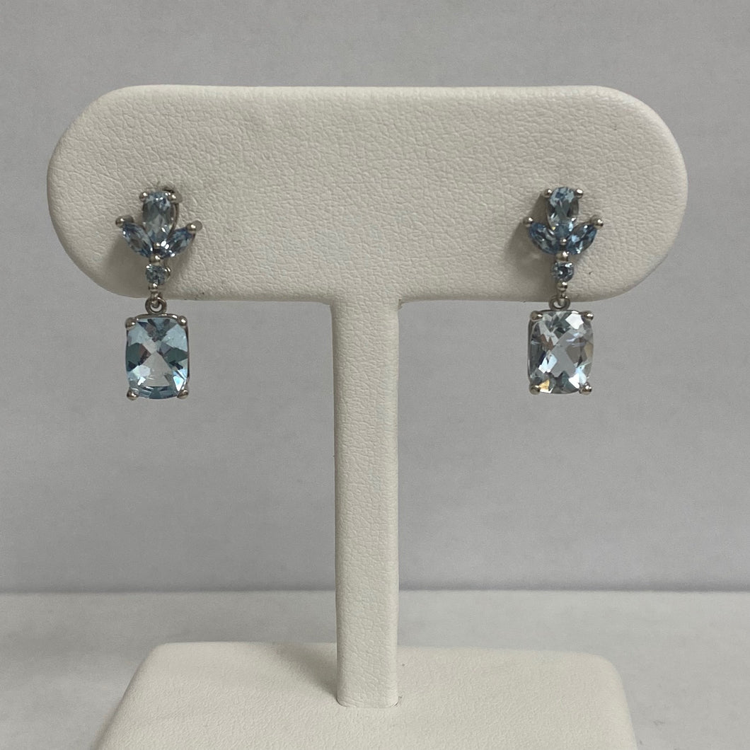 14kt White Gold Aquamarine with Cluster Top Drop Earrings