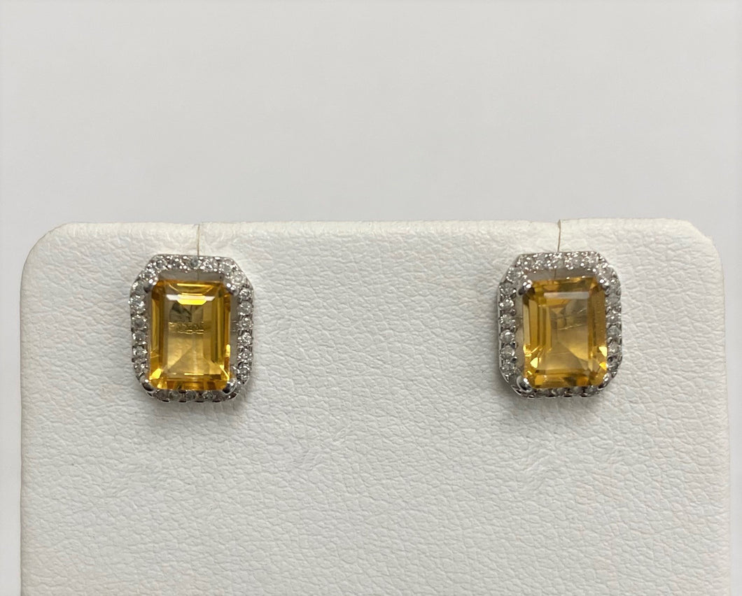 14kt White Gold Emerald Cut Citrine and Round Diamond Stud Earrings