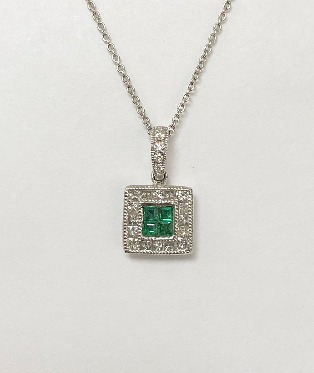 14kt White Gold Invisible Set Emerald and Diamond Pendant