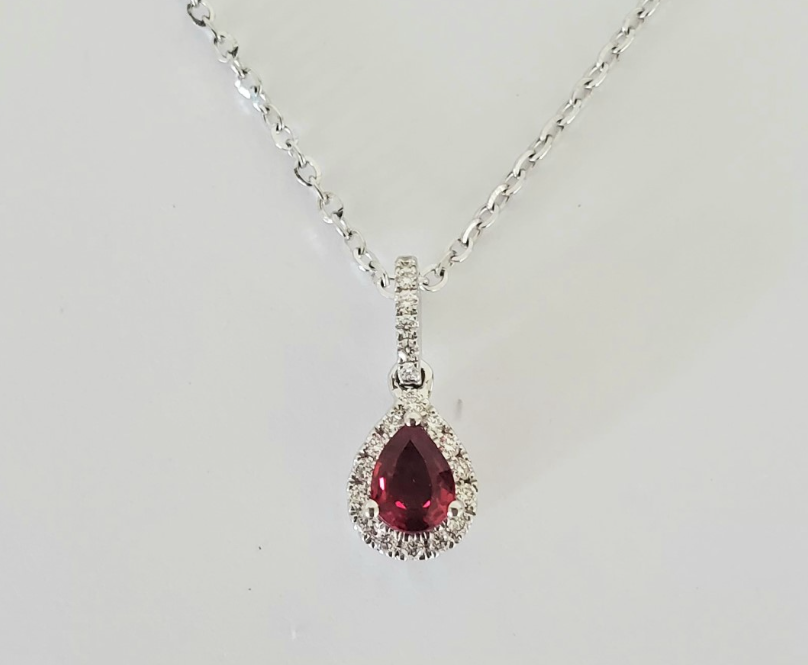 14kt White Gold Pear Shaped Ruby and Diamond Pendant