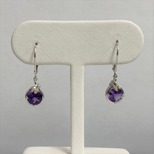 14kt White Gold Round Amethyst and Diamond Halo Earrings