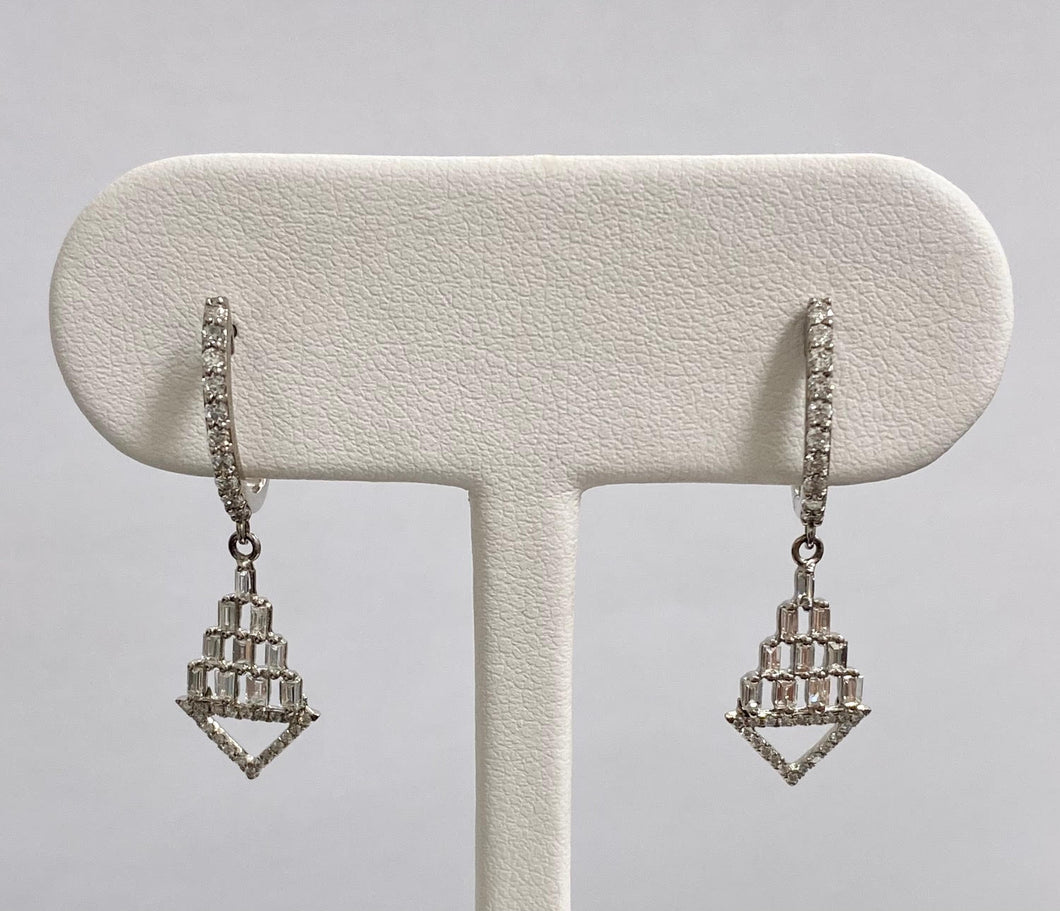 14kt White Gold Round Diamond and Baguette Drop Earrings
