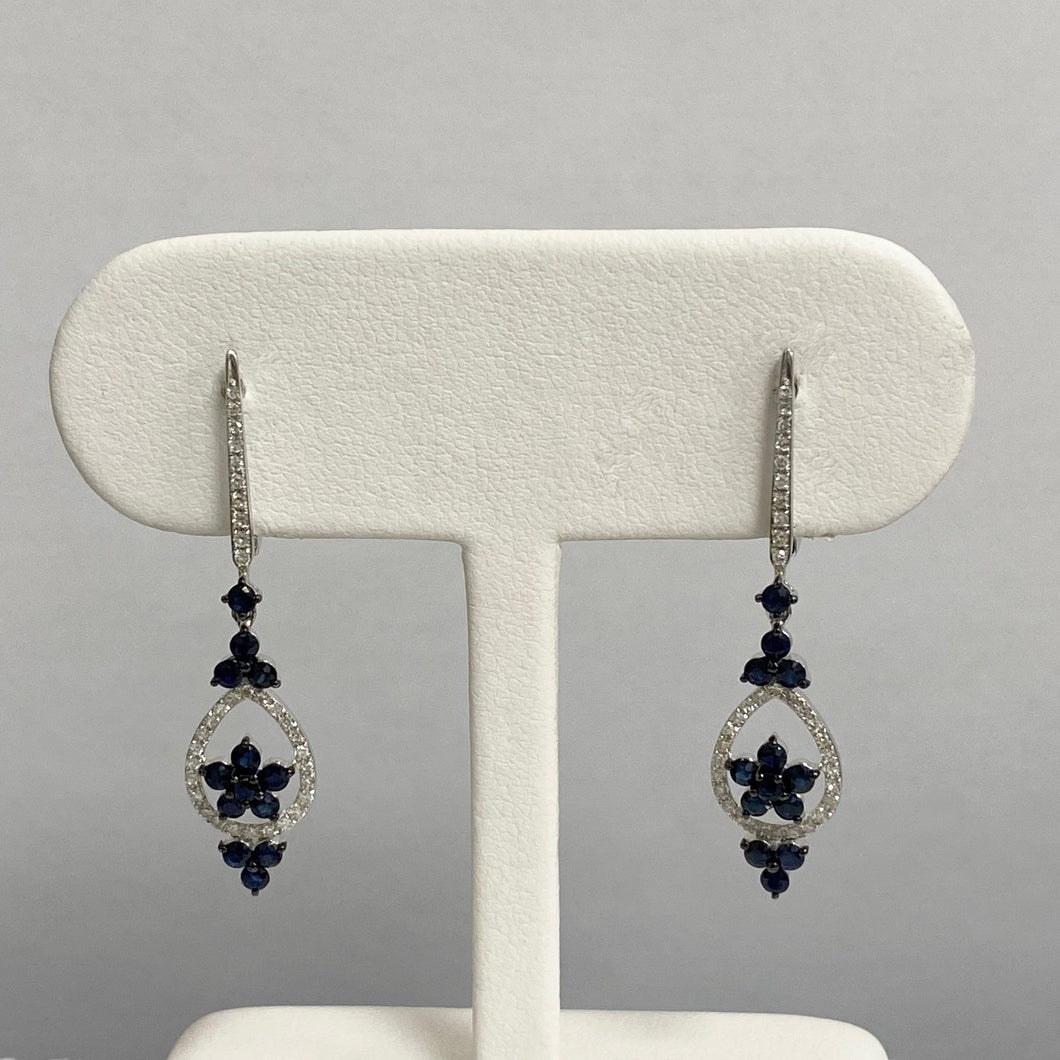 14kt White Gold Sapphire and Round Diamond Drop Earrings