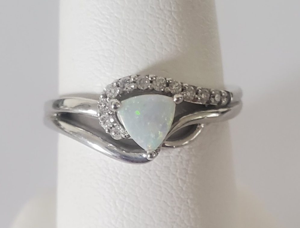 14kt White Gold Trillion Opal and Diamond Ring