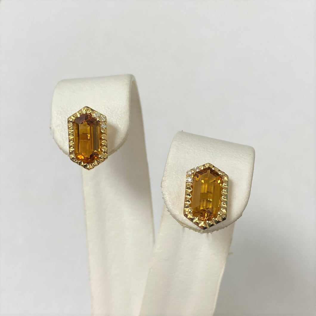 14kt Yellow Gold Hexagonal Citrine and Diamonds Stud Earrings