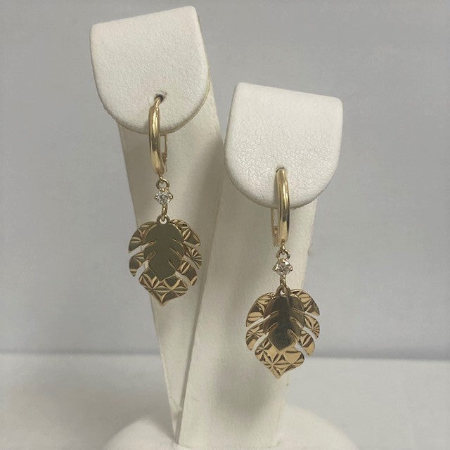 14kt Yellow Gold Leaf and Diamond Drop Earrings