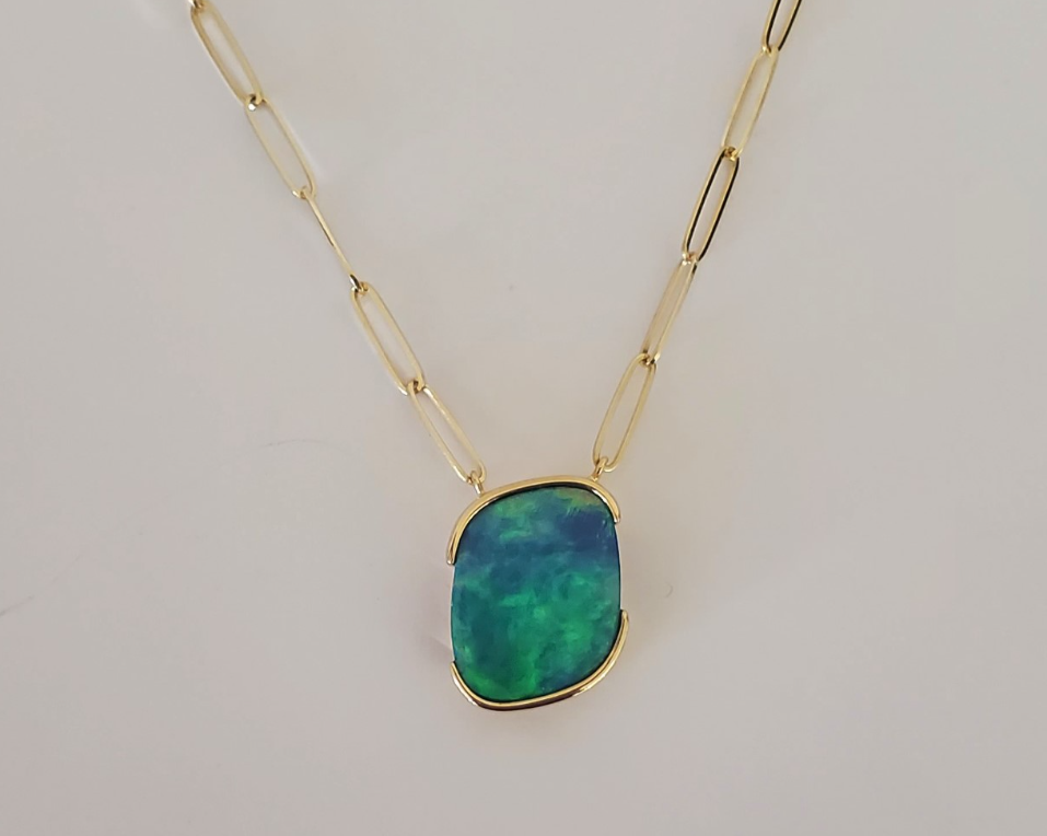 14kt Yellow Gold Opal Necklace with Paperclip Chain