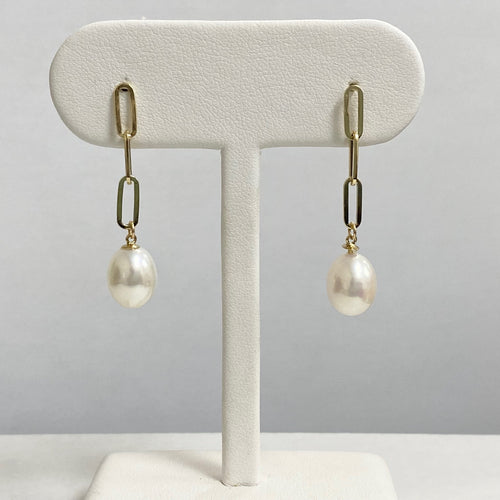 14kt Yellow Gold Paper Clip Chain and Pearl Drop Earrings