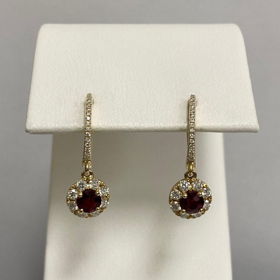 14kt Yellow Gold Ruby and Diamond Halo Drop Earrings