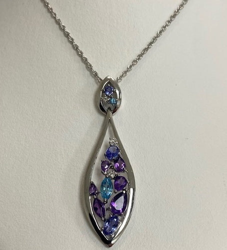 14kt White Gold Amethyst, Blue Topaz, Tanzanite and Diamond Necklace