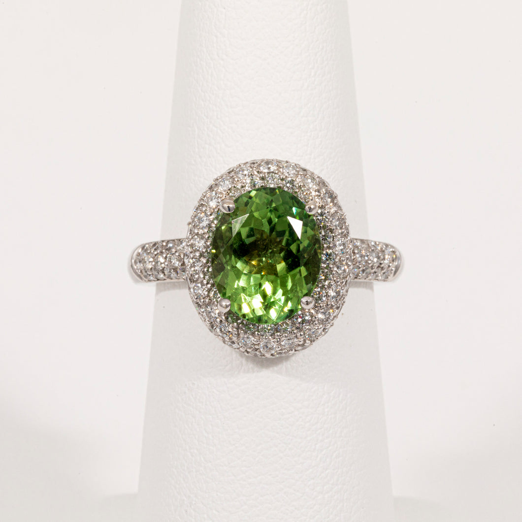 14kt White Gold Green Tourmaline and Diamond Halo Ring