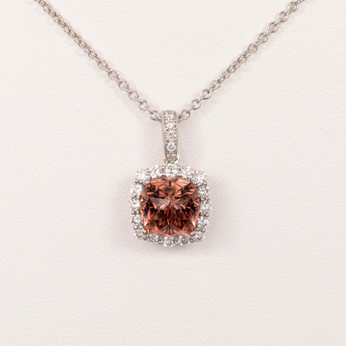 18kt White Gold Padparadscha Zircon Halo Pendant