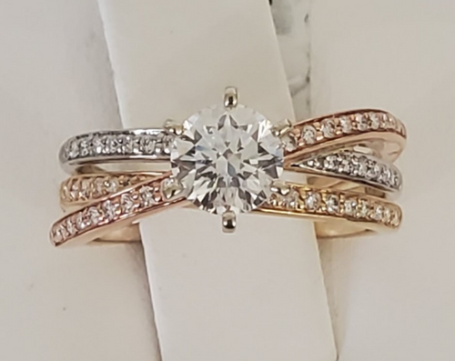 14kt Three Band Tri Color Engagement Ring