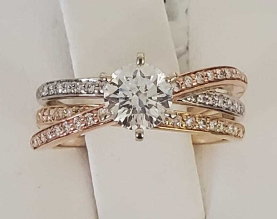 14kt Three Band Tri Color Engagement Ring