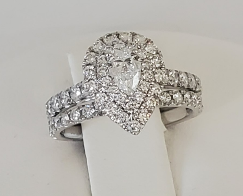 14kt White Gold Double Halo Pear Shaped Wedding Set