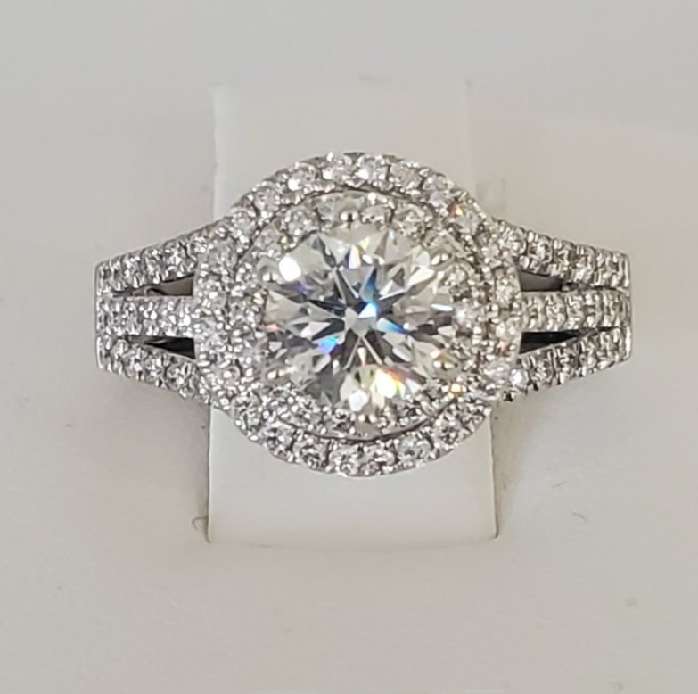 14kt White Gold Three Row Double Halo Diamond Engagement Ring