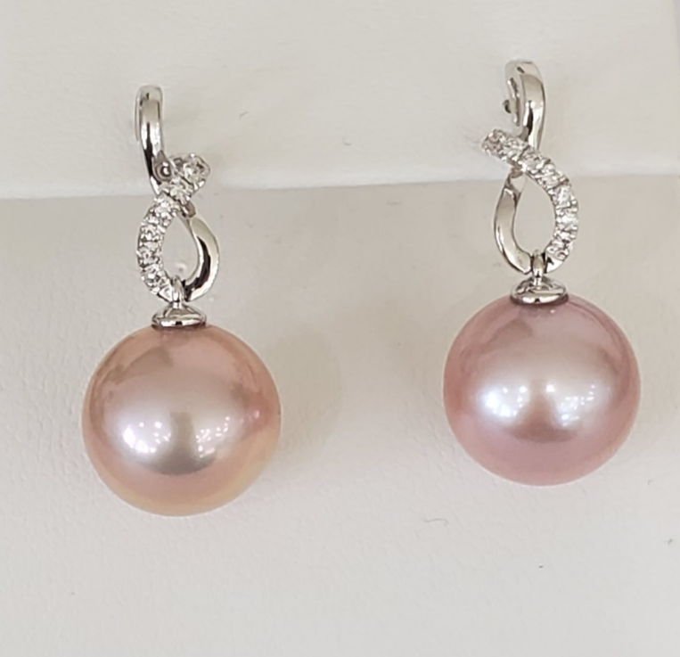 18kt White Gold Pink Pearl and Diamond Earrings
