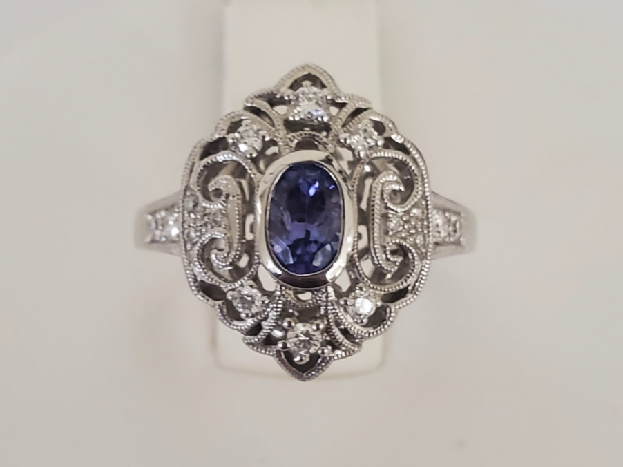 14kt White Gold Vintage Inspired Tanzanite and Diamond Ring