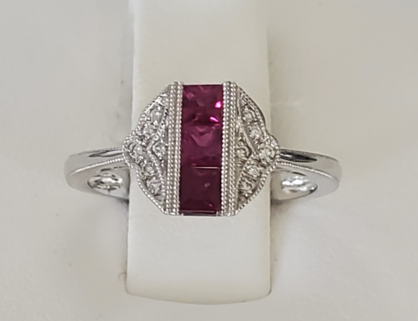 14kt White Gold Vintage Inspired Ruby and Diamond Ring