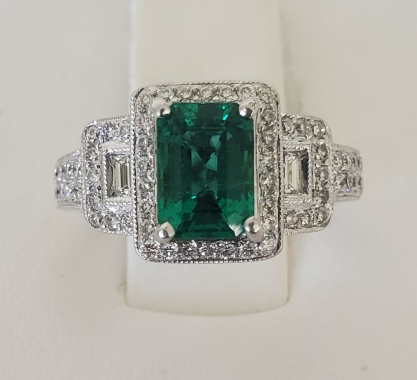 18kt White Gold Emerald Cut Emerald and Diamond Ring