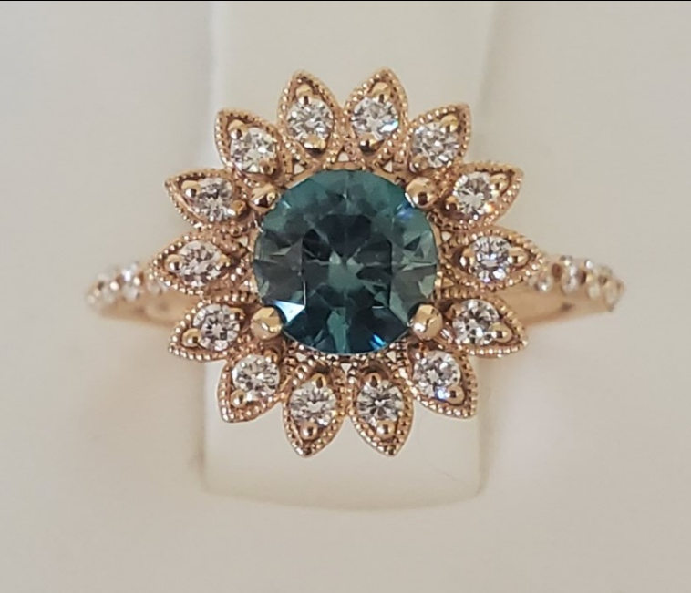 14kt Rose Gold Blue Zircon and Diamond Ring